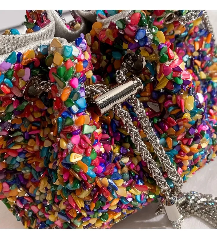 

Fashion Colorful Stone Glitter Shiny Diamonds Bucket Bag Luxury Designer Women's Handbag Lady Purse Shoulder Crossbody Bag