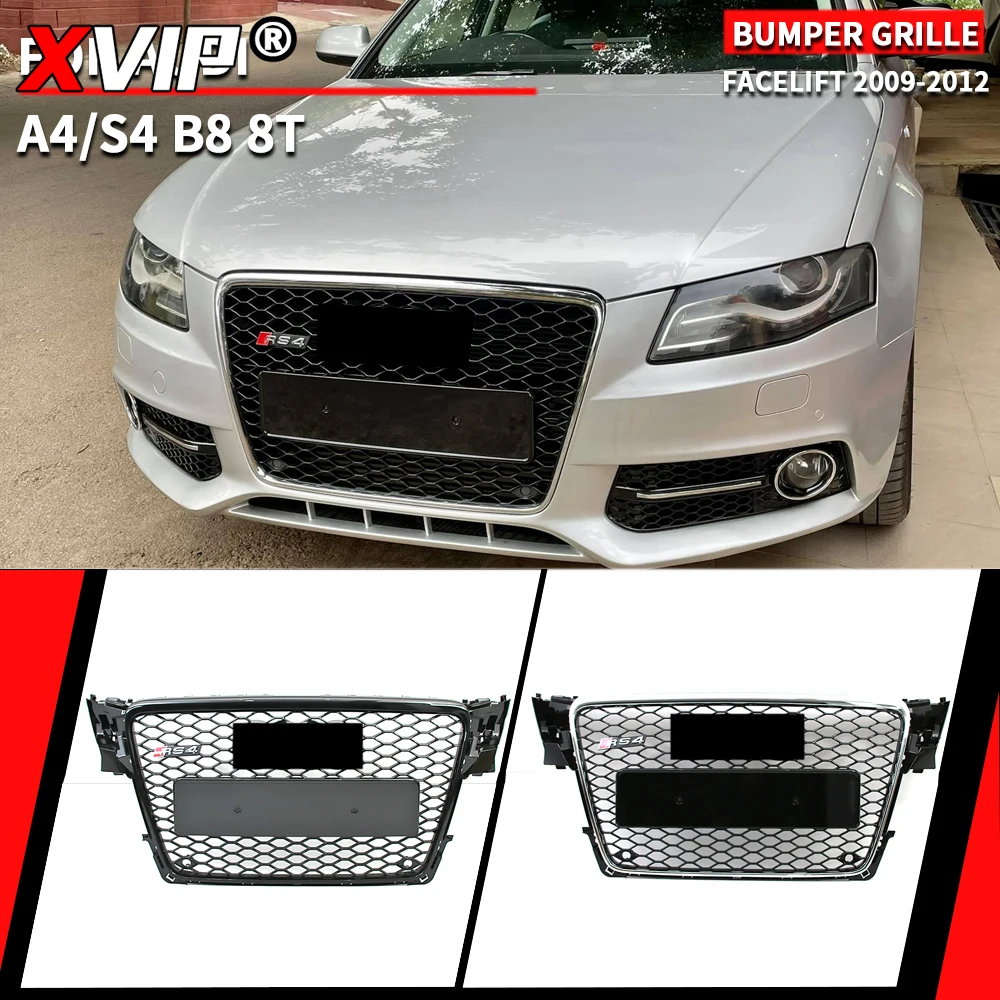 RS4 Style Grille Chrome Trim Grill Short Stick Out Rings For Audi A4 S4 B8 2009-2012 Glossy Black RS Style Front Bumper Grille