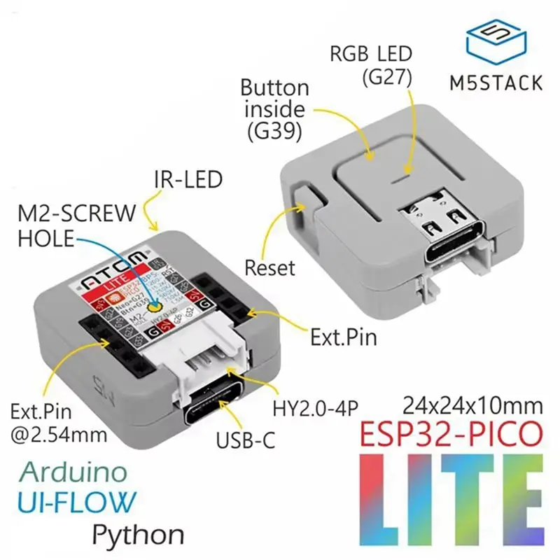 Electronexus-5X M5stack ATOM Lite ESP32-PICO Development Board Kit With Wifi Programmable Button Iot Node Module，5X M5stack ATOM