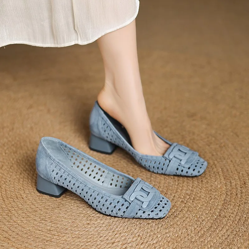 Dilalula 2025 Kid Suede Breathable Pumps Young Women Mid Thick Heels Summer Dress Shoes Female Hollow Career Footwear Size 41