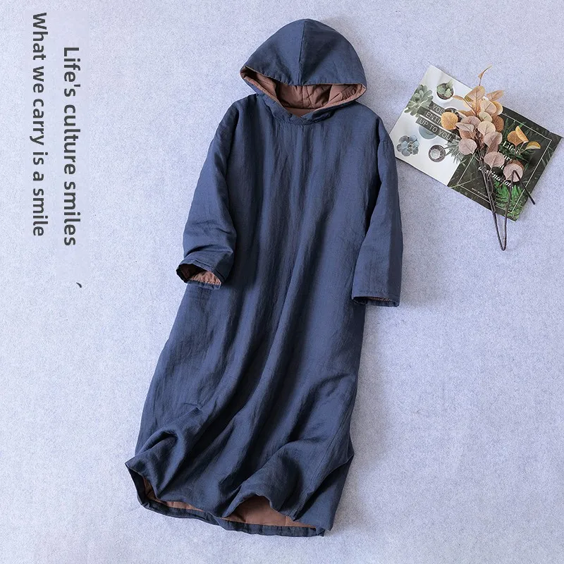 

Однотонное хлопковое пальто миди с капюшоном, новое этническое хлопковое хлопковое платье-сэндвич, свободное хлопковое льняное платье