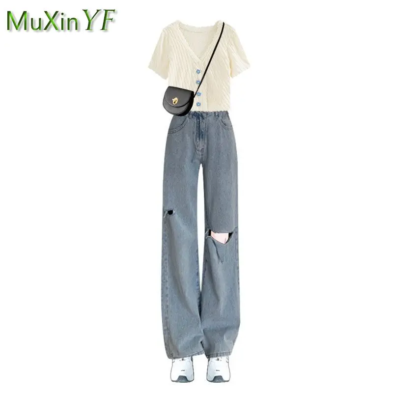 2024 Summer New Chic Short Sleeve Top+Casual Jeans Two Piece Women\'s Korean Elegant Blouse And Pants Matching Set Female Clothes