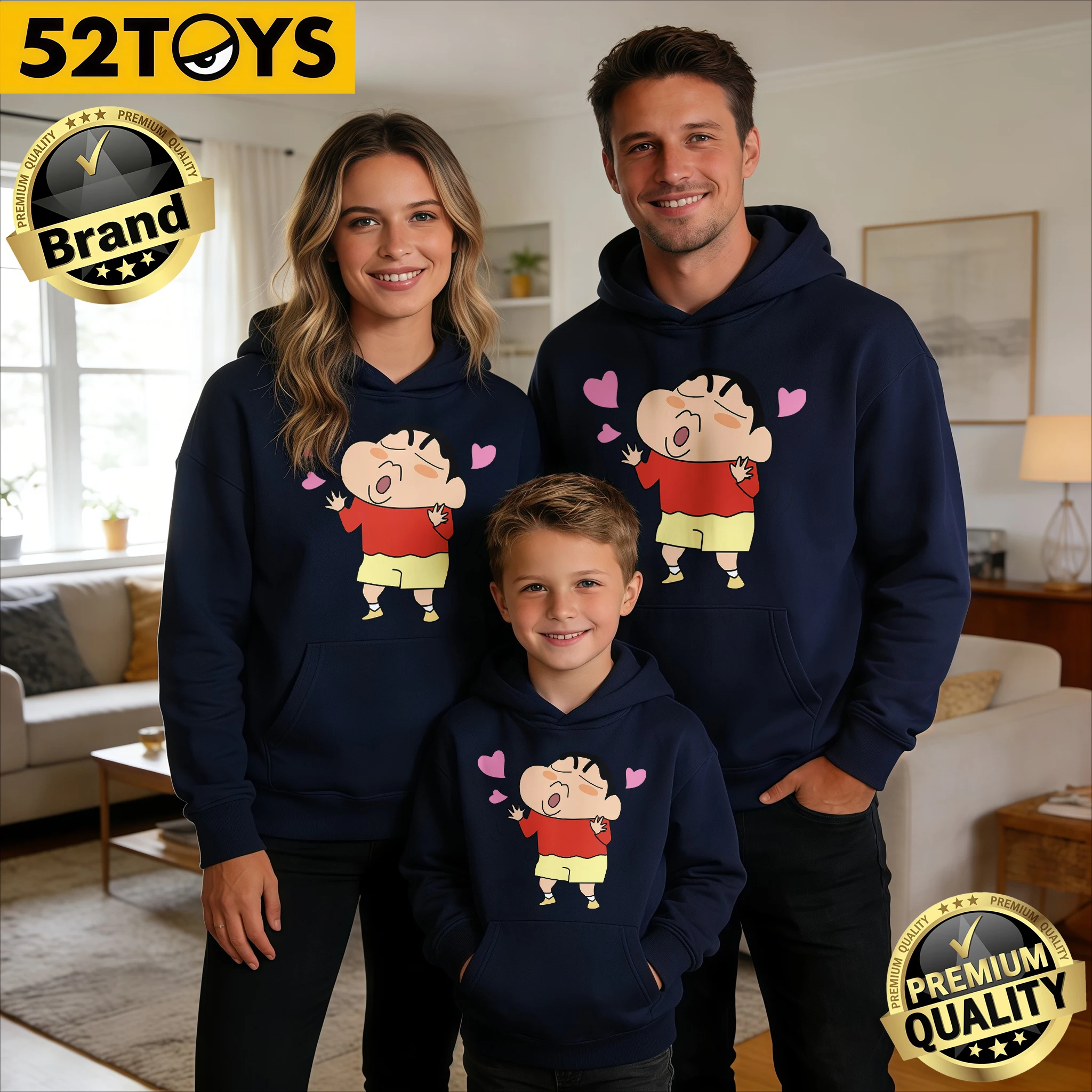 

2026 Autumn-Winter Trending Crayon Shin-chan Love Heart Print 100% Cotton Family Hoodies, High Quality & Loose Casual Breathable
