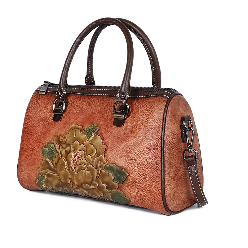 High Quality Messenger Shoulder Cross body Bags Female Floral Vintage Shopping Genuine Embossed Leather Handbag Women Tote Bag