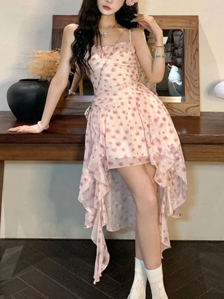 Autumn Korean Floral Midi Dress Women Sweet Chic Irregular Printing Fairy Strap Dress Fashion Princess Evening Party Dress 2024