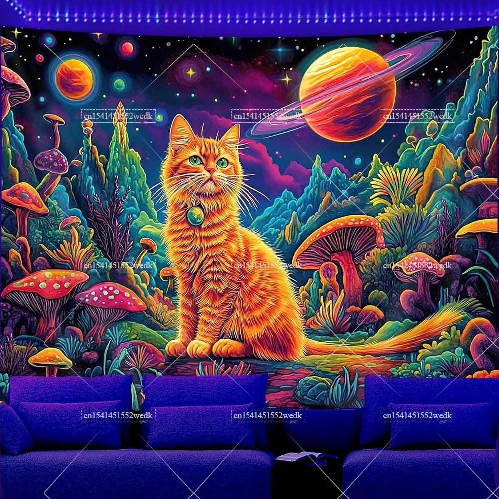 Blacklight Cat Tapestry UV Reactive Mushroom Fantasy Plant Floral Tapestry Planet Mountain Galaxy Space Wall Hanging For Room