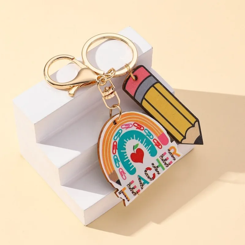 Creative Teacher Rainbow Pencil Keychain Wooden Brand Graduation Teachers' Day Gift Pendant Fashion Accessory Trendy Souvenir