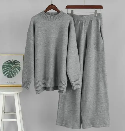 

Two Piece Set Women Outfit 2025 Spring Autumn New High Collar Loose Long Sleeve Knitted Sweater & Casual Wide Leg Pants Set