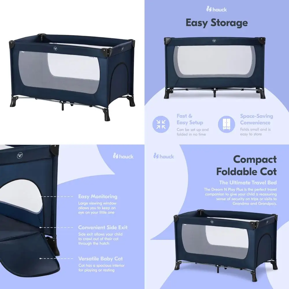 Colchón de parque infantil plegable portátil con ventanas de visualización y acceso lateral para bebés y niños pequeños - Hauck Dream N Play Plus
