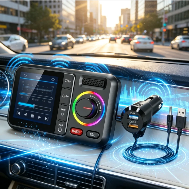 Car Wireless FM Transmitter Color Screen Dual USB QC3.0 Fast Charging Hands Free AUX MP3 Player