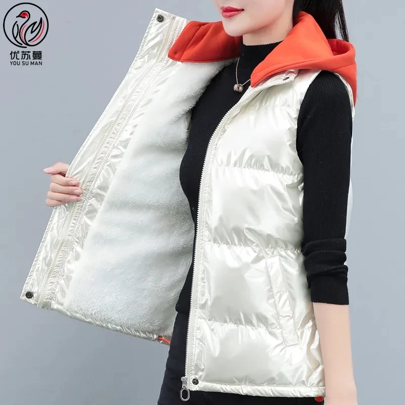 Winter Women Parkas Vest Casual Shining Woman Waistcoat Stand Collar Cotton Padded Jackets Sleeveless Warm Outwear Female A1268