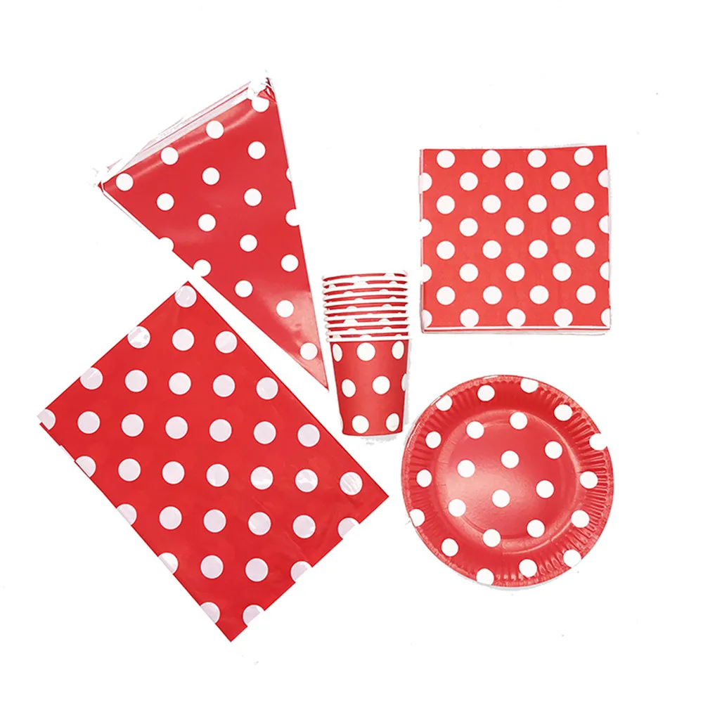 Red and White Dots Theme Birthday Party Decorations Baby Shower Disposable Tableware Polka Dots Plates Napkins Banners Straws