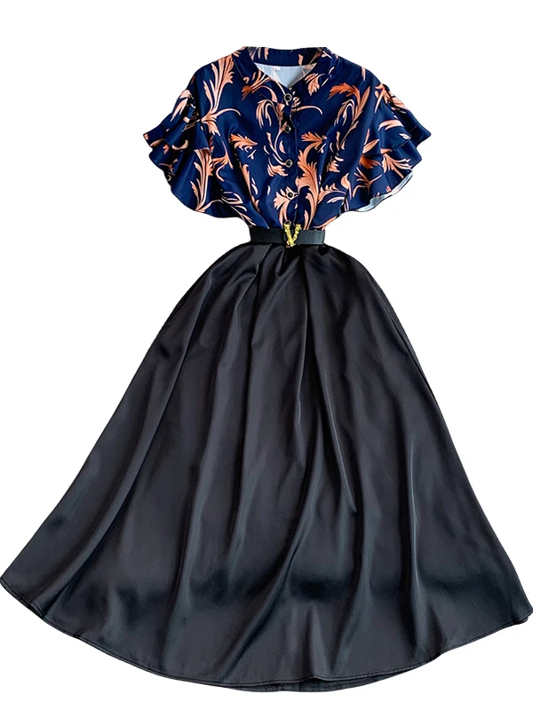 بلوزة ريترو مطبوعة من الساتان Sve طويلة الدكتور المرأة الخريف الشتاء زر واحد سليم صالح تنورة كاملة الدكتور عالية الخصر ort Sve