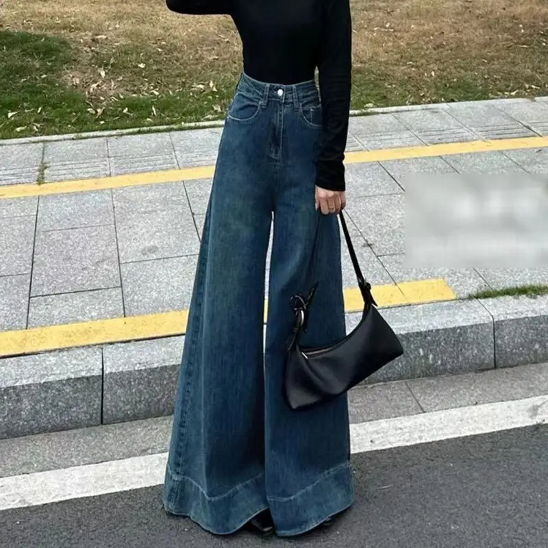 

American Retro High Waist Wide Leg Jeans Women's Autumn Elastic Trunk Pants Skirt Large Crotch Not Legging Micro Flared Pants