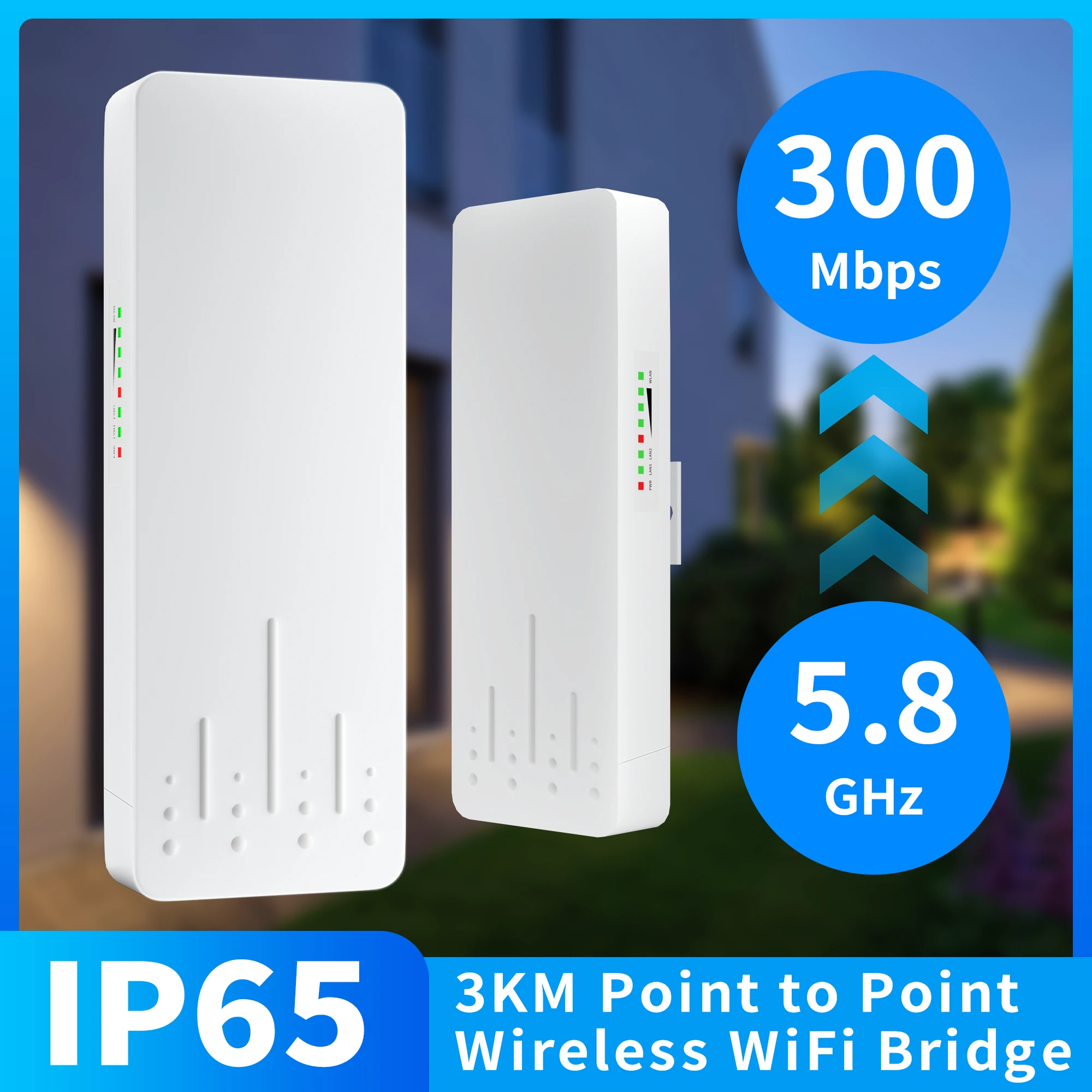 Wireless Bridge Set 300Mpbs 5.8G WiFi Outdoor CPE Point to Point 3 with 14dBi Antenna, 24V PoE Power, IP65 Waterproof,2 Pack