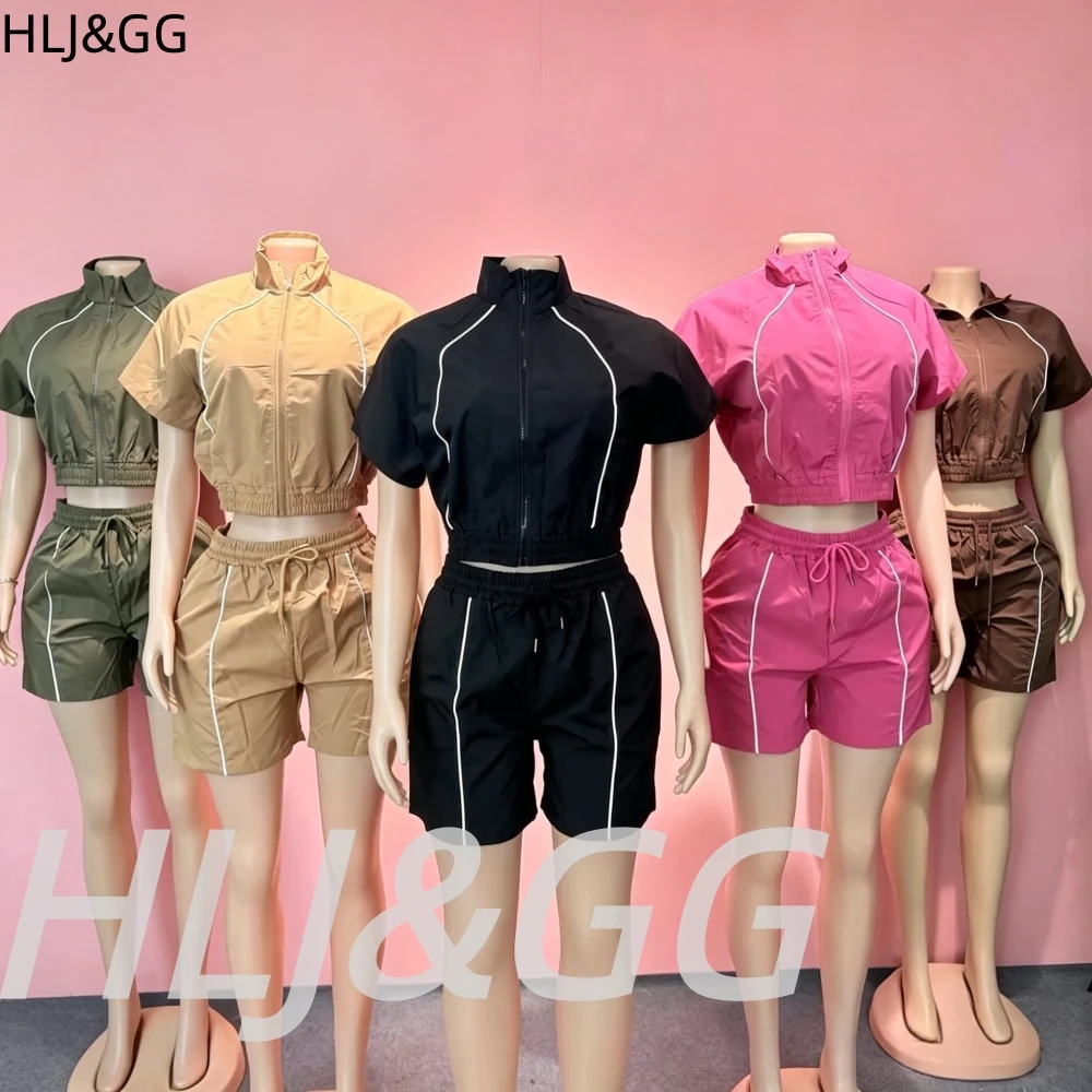 HLJ&GG Conjuntos deportivos informales de dos piezas para mujer, Top corto con cuello en V y pantalones cortos con cordón, trajes de verano, nuevos chándales