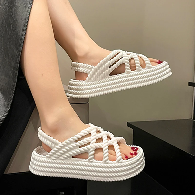 

2023 Summer Woven Hollow Thick-Soled Flat Sandals Lightweight Soft Non-slip Fashion Outdoor Beach Casual Womens Shoes Size 35-40