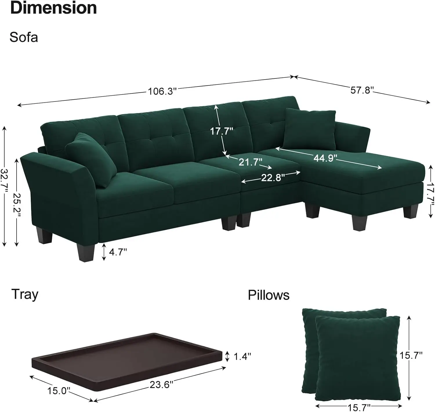 Convertible Sectional Couch Velvet L Shaped Sofa 4 Seat Sofa with Chaise L-Shaped Couches Reversible Sectional Sofa (Dark Green,