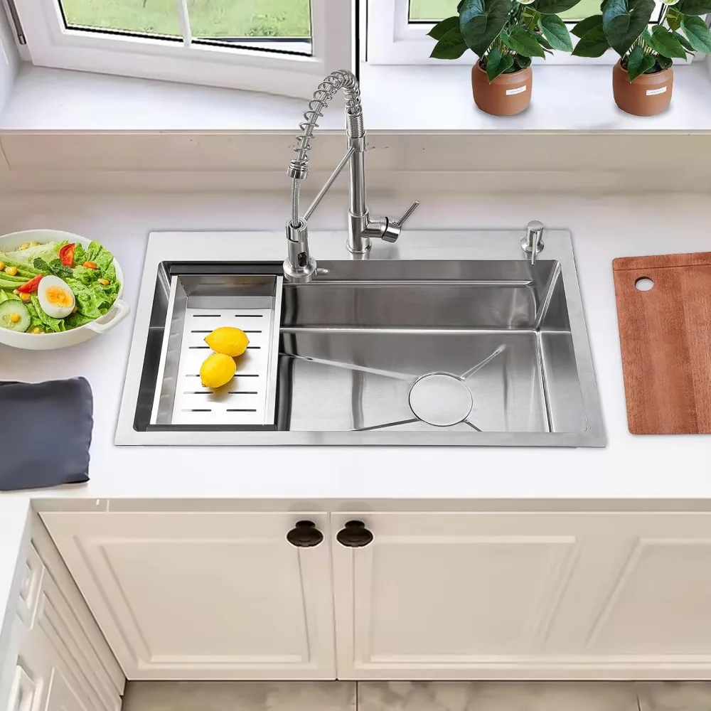 حوض مطبخ حديث منسدل مقاس 30 بوصة مع وعاء واحد وصنبور، طراز مزرعة من الفولاذ المقاوم للصدأ #3
