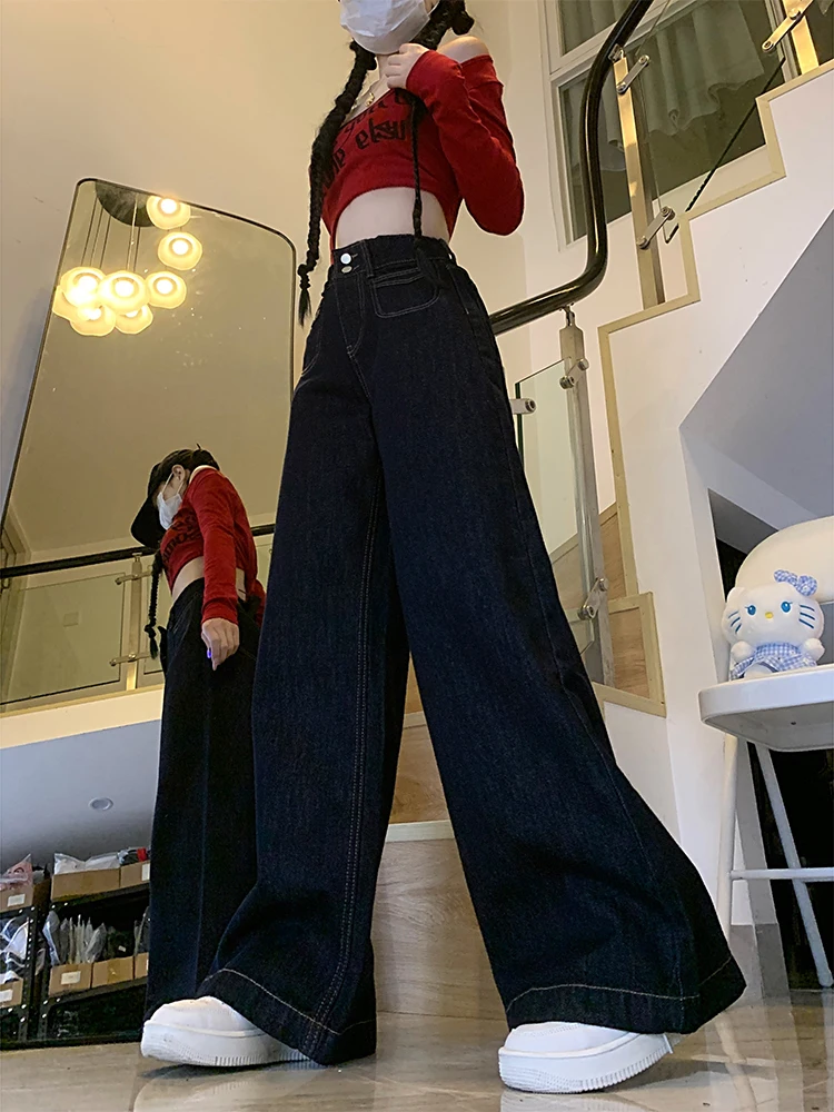 กางเกงยีนส์ทรงตรงเอวสูง ขากว้าง ทรงหลวม ช่วยให้ดูผอม กางเกงยีนส์ขายาวทรงหลวมสไตล์ฮ่องกงสำหรับผู้หญิง