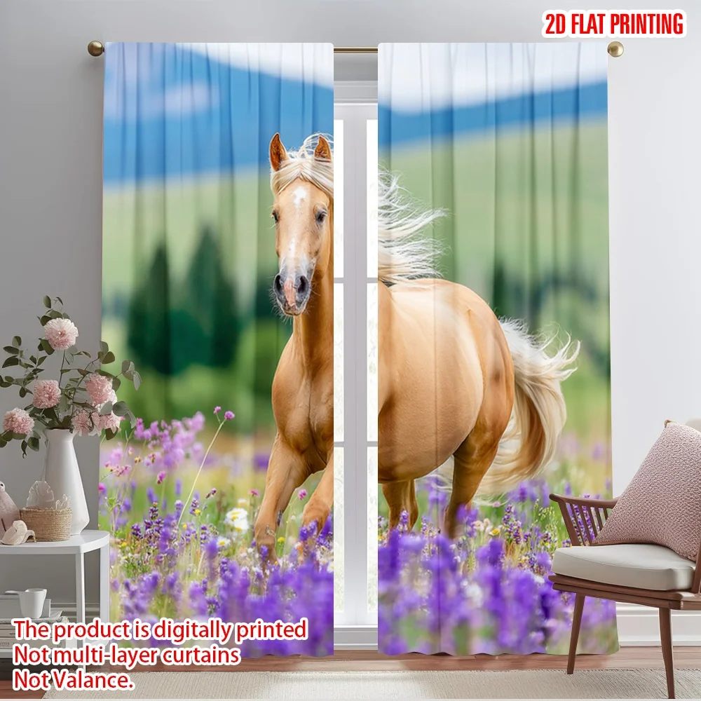 

2pcs 2D flat printing Party Window Curtains Golden Gallop 100% Polyester Without Electricity Festive Wall Decor for Entryway