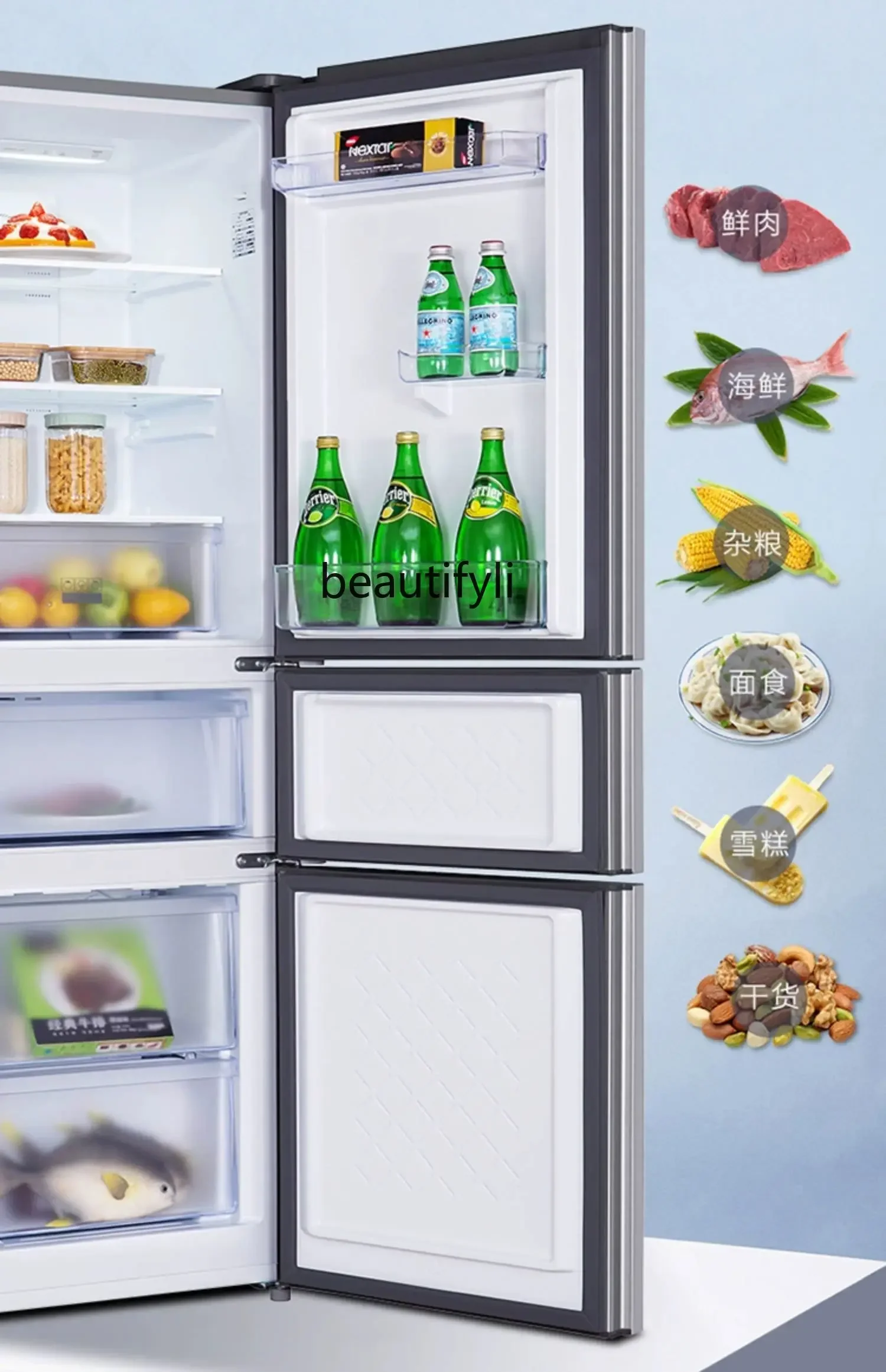 BCD-210TWZ50 Элегантный серебристый трехдверный холодильник Энергосберегающий бытовой экономичный воздушный охлаждение