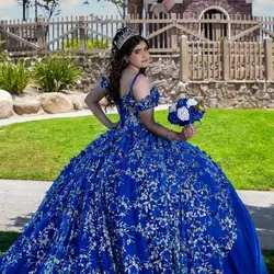 Royal Blue Puffy Princess Quinceanera Dresses 2024 Off Shoulder 3D Floral Gillter Sequins Lace-up Corset Vestidos 15 años rosa