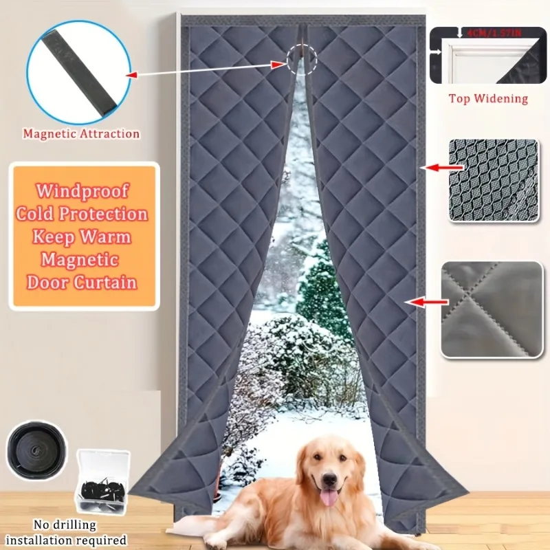 1 Piece of Gray Magnetic Door Curtain, Winter Home Windproof and Cold Resistant Door Curtain, No Need To Drill Holes
