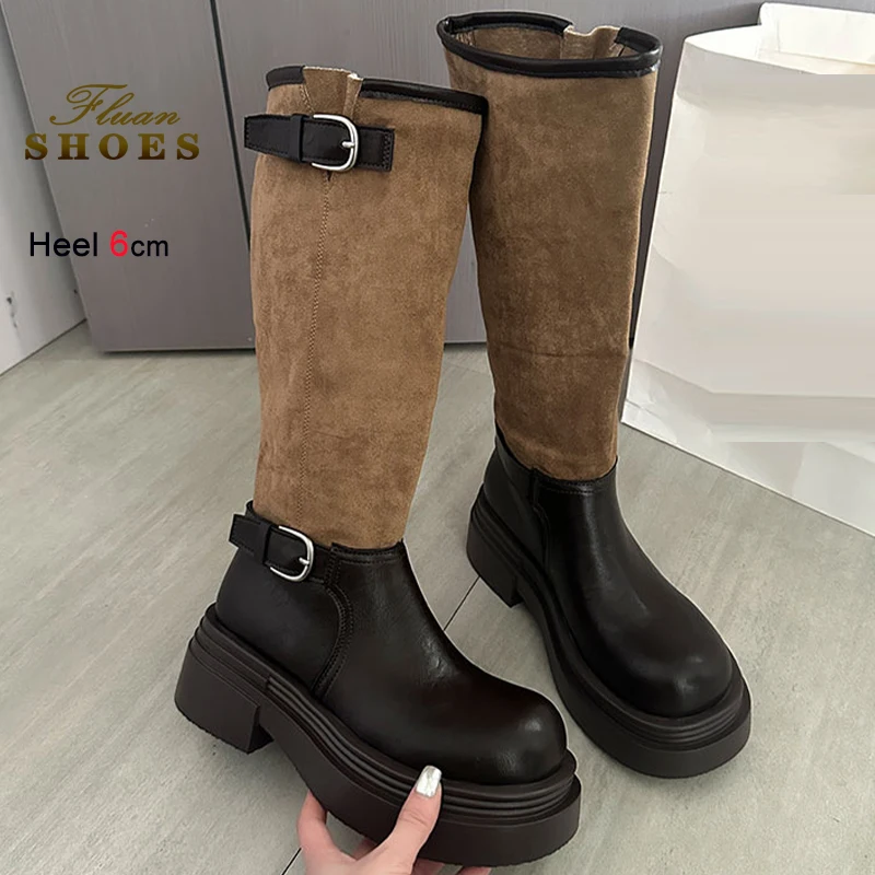 

Autumn Winter White Women's Knight Boots Inside Heightened 9cm Ladies Knee Length Boots Pointed Head Splicing Buckle Strap ShoeS
