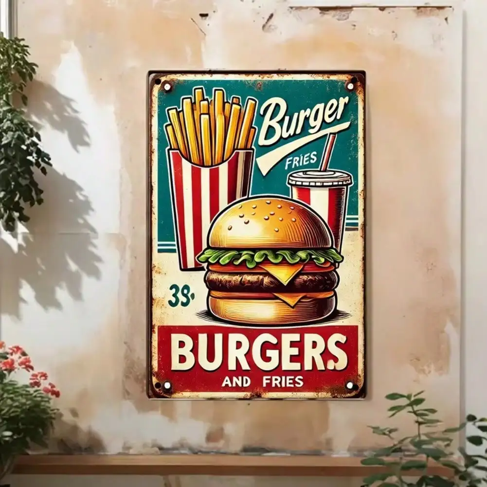 Burger Fries Metal Tin Sign 8x12 Inch Retro Wall Art for Cafe Bar Decor