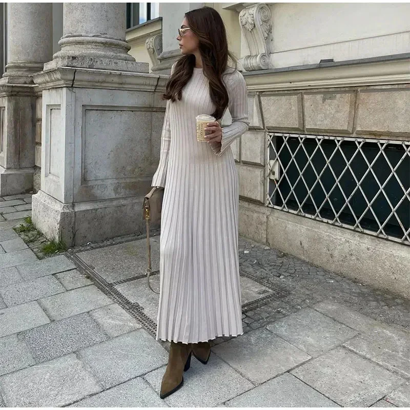 Elegant Knitted Long Sleeve Maxi Dress Women Crochet Slim Fit Solid Lace Up Midi Dress 2024 Autumn Party High Street Lady Robes