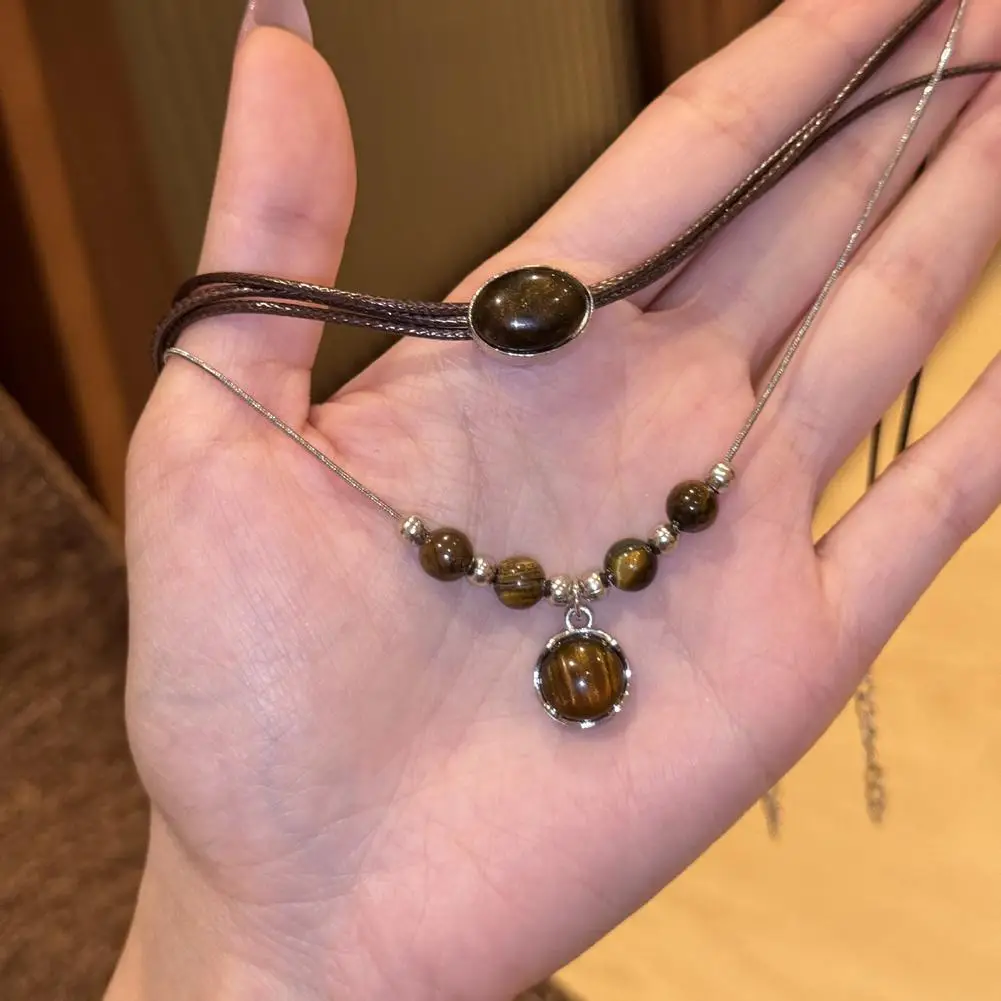خمر البني قلادة قلادة للنساء فتاة الخريف الشتاء قلادة جلدية براون حجر قلادة قلادة التراص المختنق #4