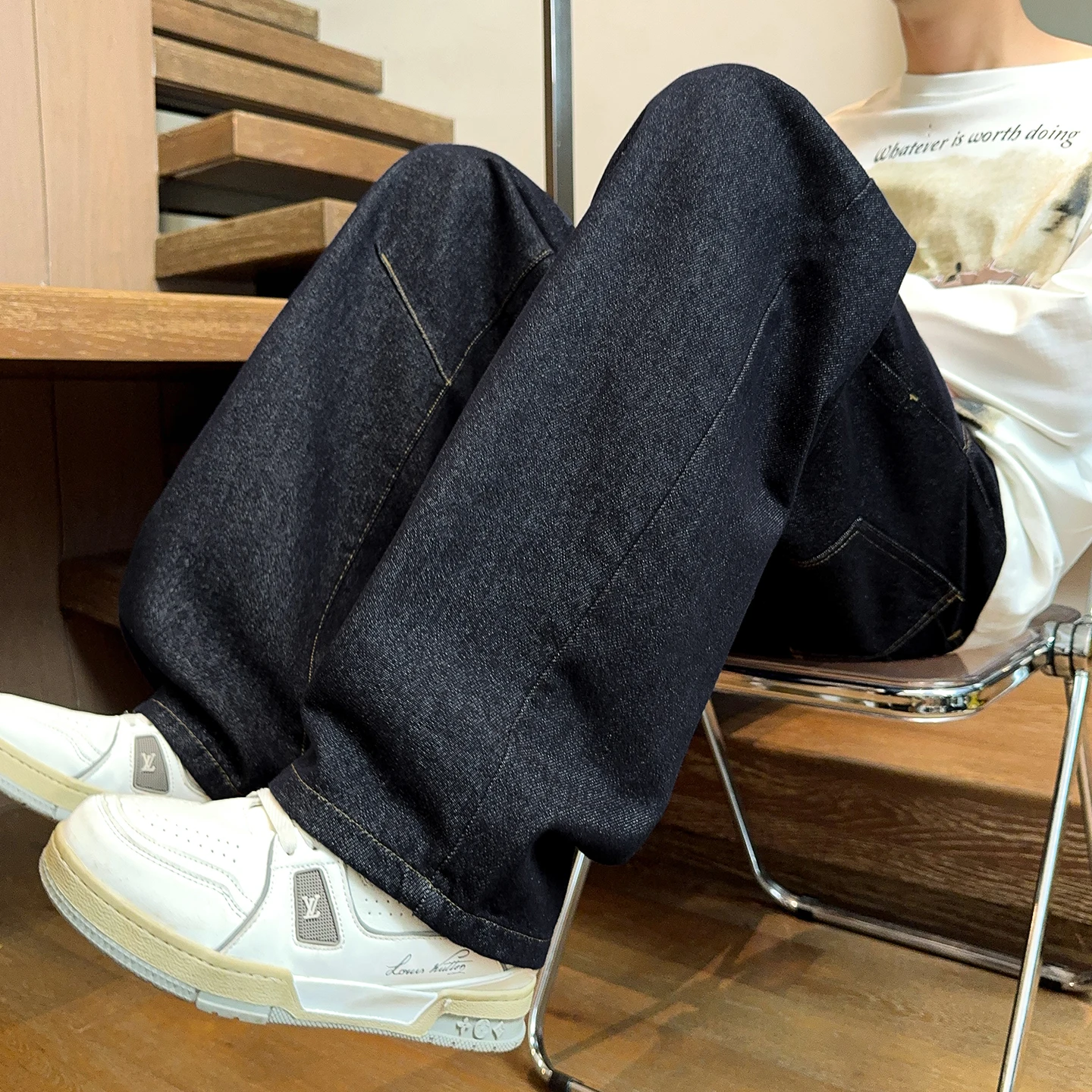 กางเกงยีนส์ทรงตรงขาบานสไตล์วินเทจแบบอเมริกันสำหรับผู้ชาย ล้างสีแบบวอเตอร์วอช เหมาะสำหรับฤดูใบไม้ร่วง/ฤดูหนาว