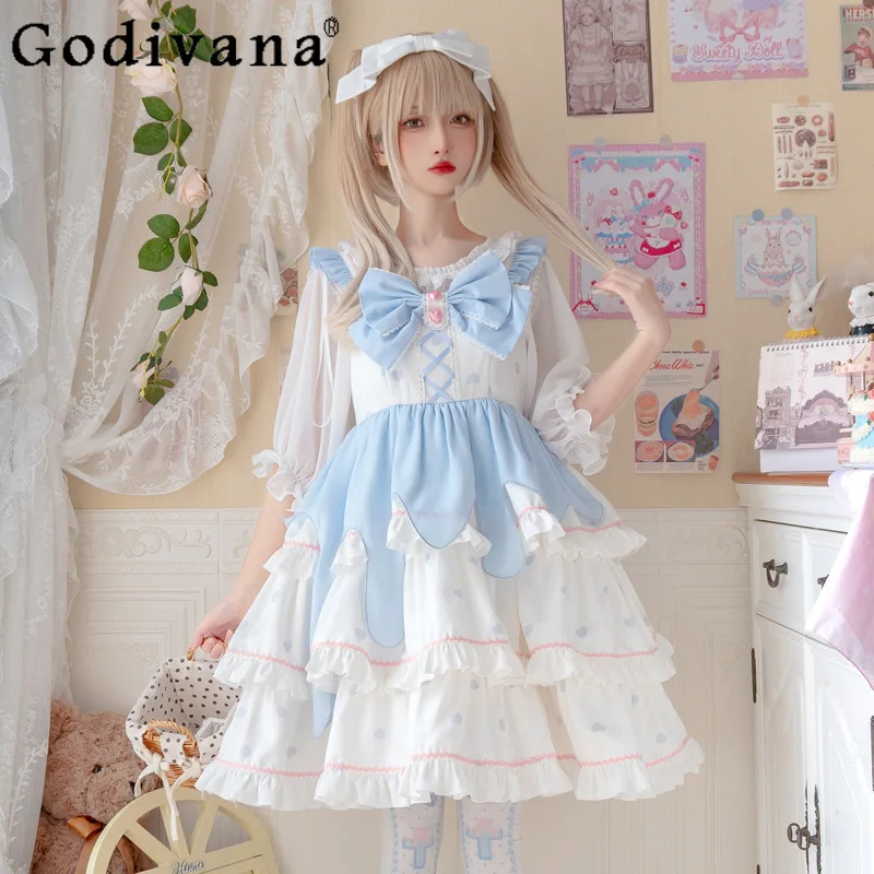 

Japanese Lolita Dress Girl High Waist Elegant Beautiful Bow Ruffles Princess Dress Women Mid-Length Party Dresses Summer Jsk