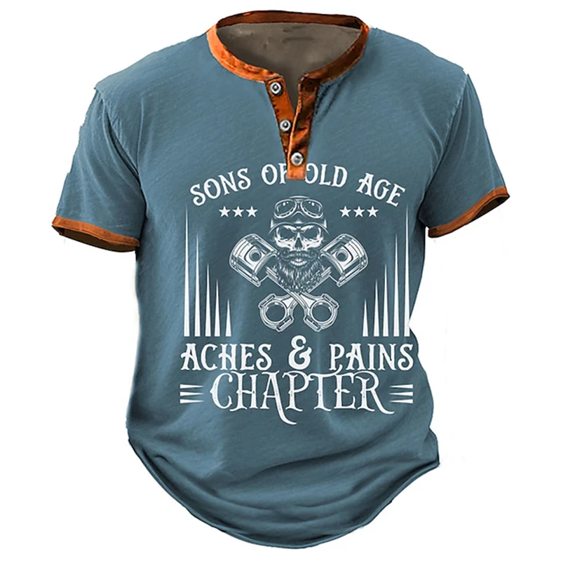 2026 Summer Men's Casual Henley T-Shirt With Motorcycle Skull Engine And Piston Print—Short-Sleeve Everyday Button-Down Top