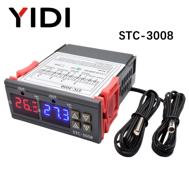 STC-3008 Dual LED Digital Temperature Controller Incubator Thermostat Heater Cooler Control Two Relay Output Thermoregulator