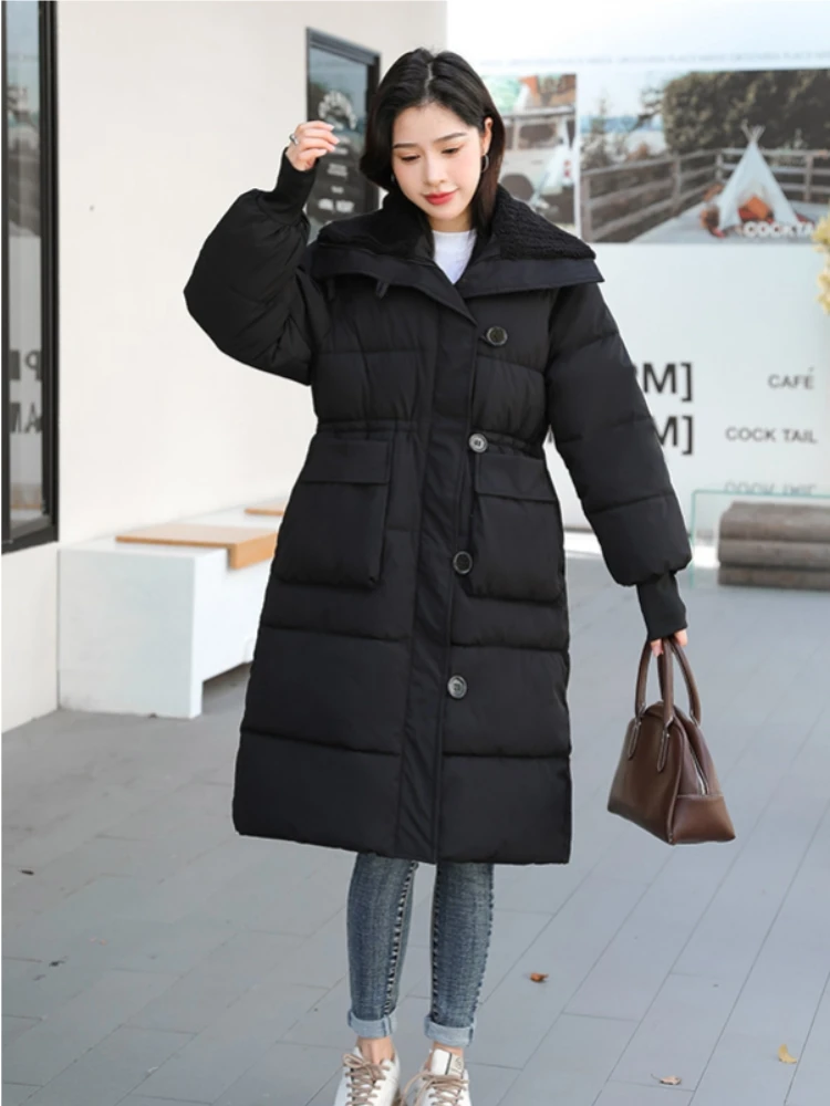 

Winter Casual Thick Cotton Solid Parkas Autumn Office Lady Pockets Jackets Korean Fashion Jacket For Women New In Long Down Coat