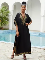 2023 Boho Embroidery V Neck Bikini Cover-ups Summer Autumn Loose Kaftan Dress Women Plus Size Beachwear Swimsuit Cover Up Q1545