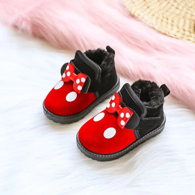 Kids Girls Cotton Snow Boots Casual Sport Shoes Soft Running Sneakers Winter Bow Dots Princess Children Toddler Shoes With Plush