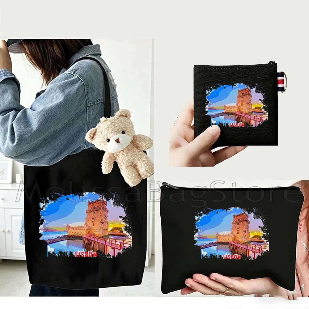 4PCS Gifts Set lisbon Portugal White Canvas Tote Bag Handbag with Doll Key Coin Purse Cosmetic Makeup Toilet Bag Case Pouch