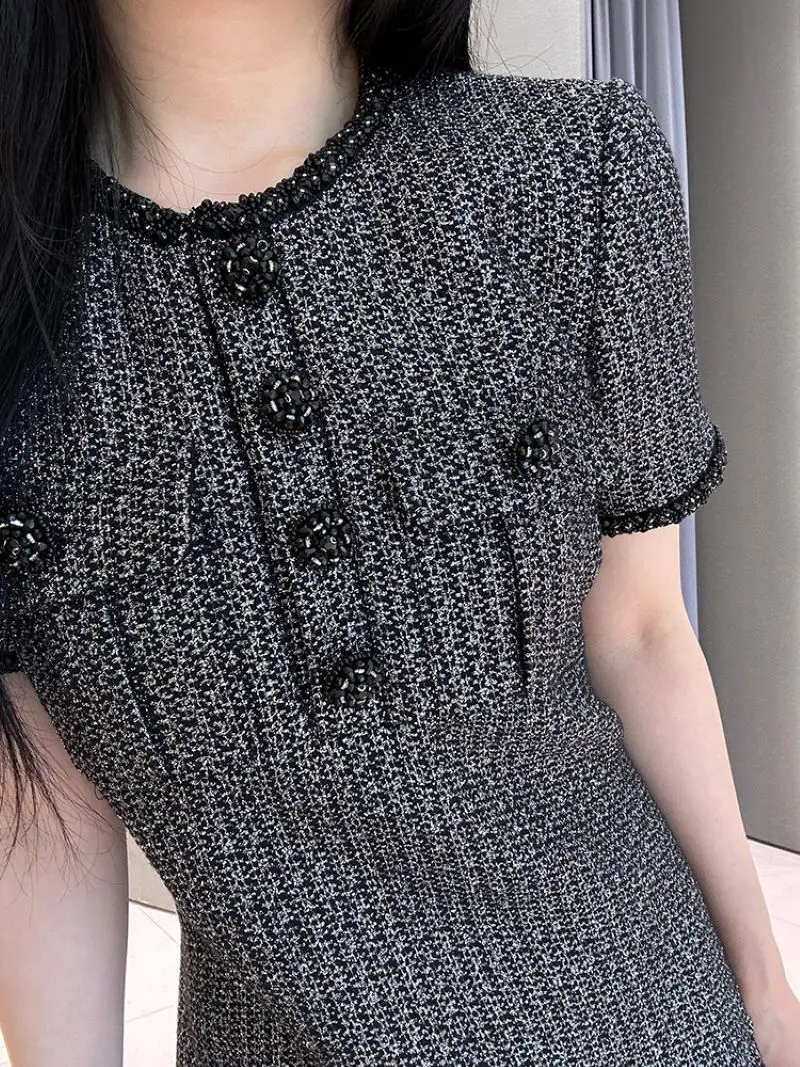 Autumn 2024 Women\'s Tweed Dress Diamond Decoration O-Neck Short Sleeve Pleated Hem Elegant Female Mini Robe