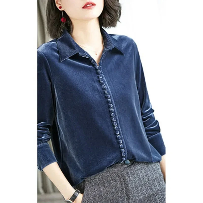 Golden Velvet Shirt Fashion Women Tops 2023 Spring Autumn New Loose Long-Sleeved Retro Coat Lapel Bottoming Shirt Female Blouse