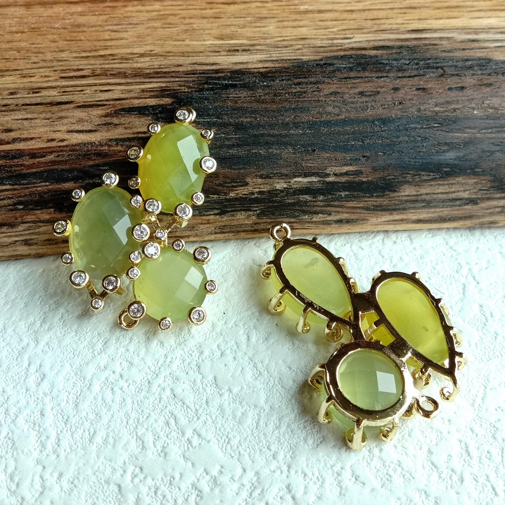 Wholesale 5 Pcs Cz pave faceted teardrop coin 25x35mm Yellow Lemon Jade   Double Ring Connector Spacer For DIY