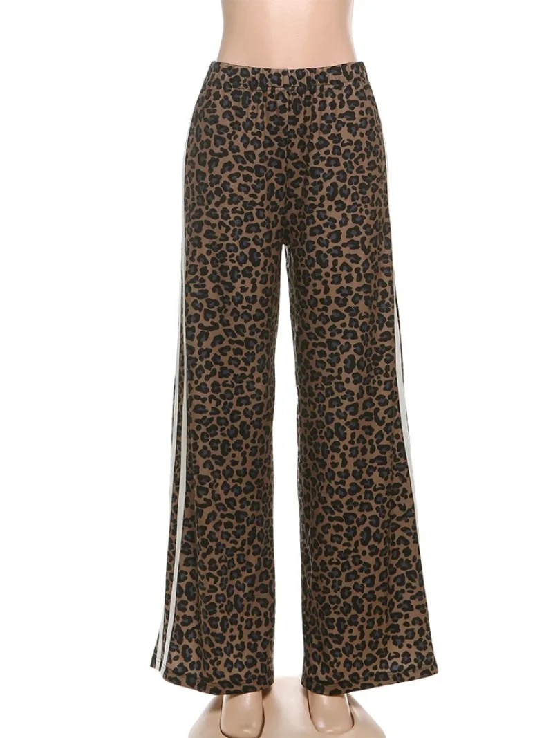 2025 Street Straight Long Pants Woman Leopard Print Elastic Waist Stripe Patchwork Wild Style Classic Autumn New Style Bottoms