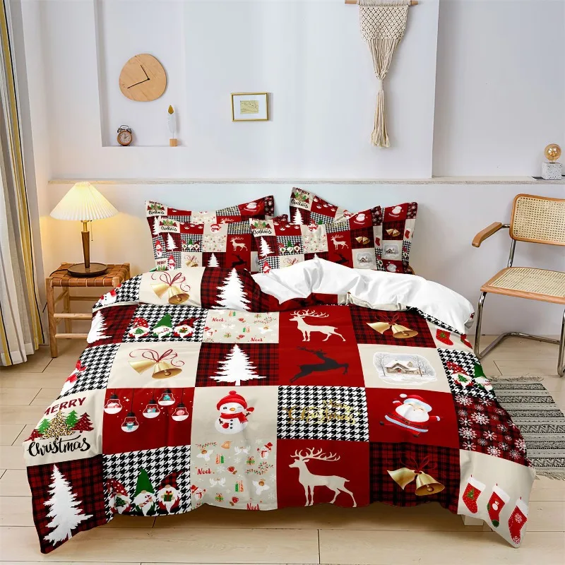 Christmas Home Textile Three-Piece Set Winter Thickened Soft and Comfortable Christmas Element Printed Brushed Fabric Set