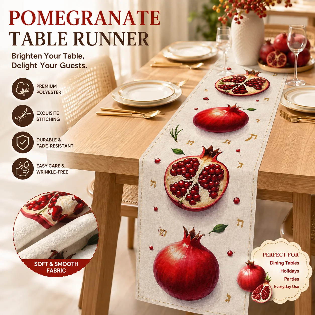 Jewish New Year Table Runner - Red Pomegranate Jewish Holiday Decor,Symbol of Good Luck & Prosperity - Table Decoration Placemat