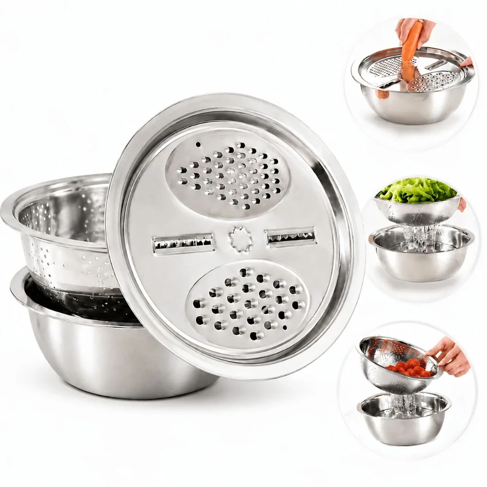 3pcs Stainless Steel Mixing Bowl Set Vegetable Slicer Grater Colander Home Kitchen Accessories Supplies Tools