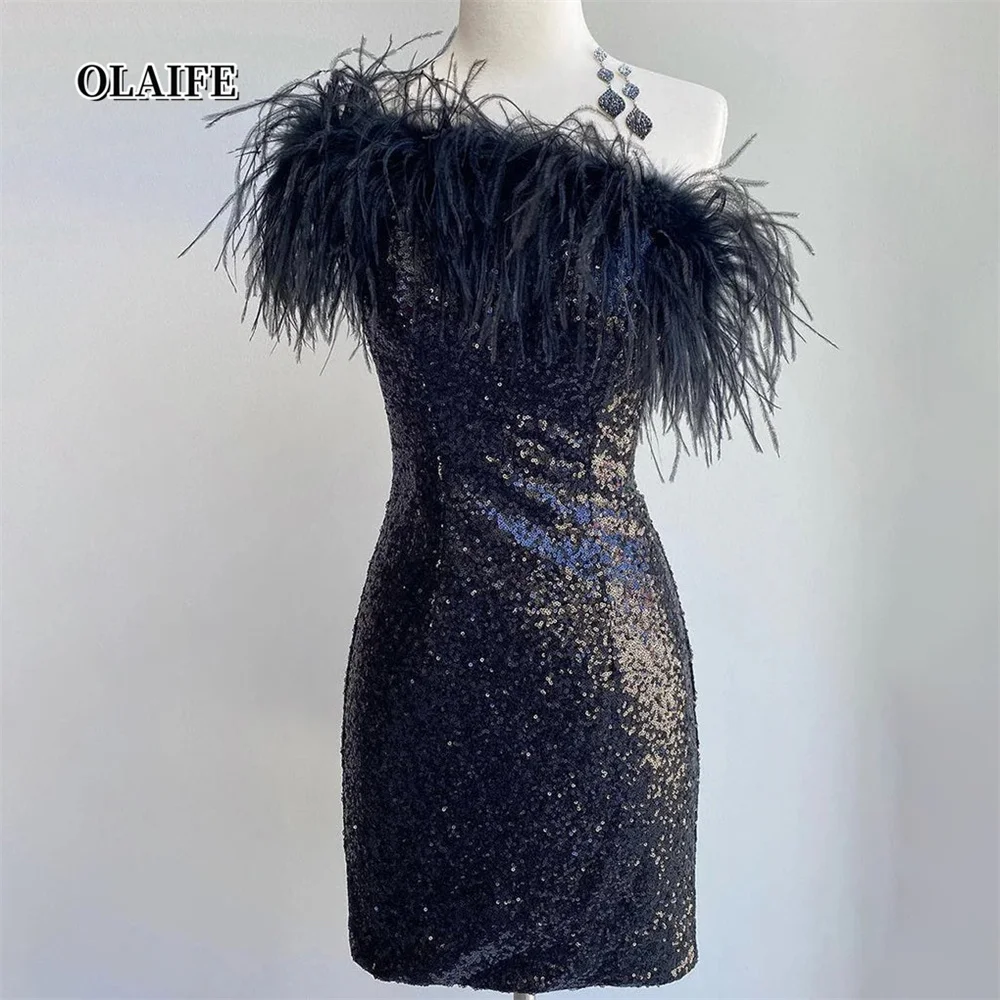 Vestido De fiesta De cóctel De baile corto sin mangas con un solo hombro y tubo negro con plumas Vestidos De Graduación