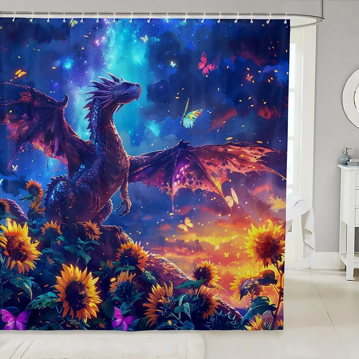 Vibrant Dragon Sunflower Galaxy Shower Curtain Nebula Art Bohemian Bathroom Decor Waterproof Curtain 72x72 Inches