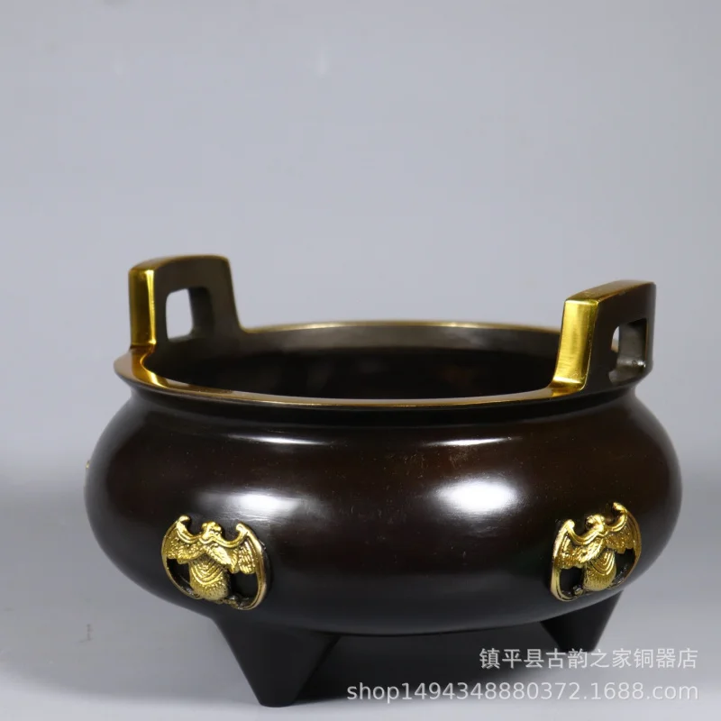 Pure Copper Five Blessings Straight Ear Three-Legged Incense Ornament Office Living Room Sandalwood Burner